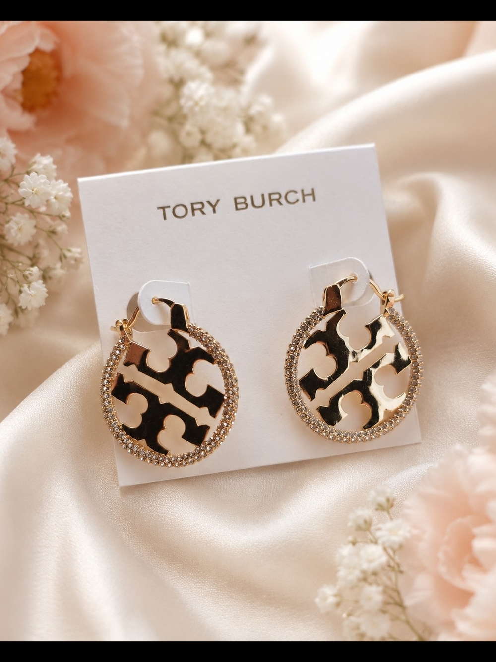 Tory Burch Crystal Logo Drop Hoop Earrings – Gold Tone